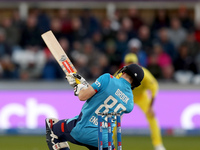 Harry Brook of England scores four with a scoop shot during the Metro Bank One Day Series match between England and Australia at the Seat Un...