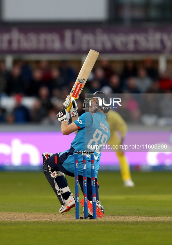 Harry Brook of England scores four with a scoop shot during the Metro Bank One Day Series match between England and Australia at the Seat Un...