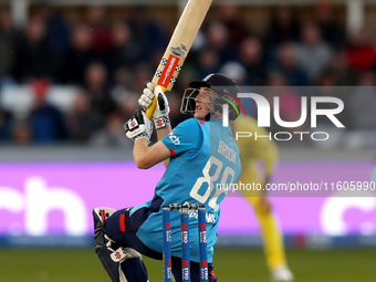 Harry Brook of England scores four with a scoop shot during the Metro Bank One Day Series match between England and Australia at the Seat Un...