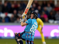 Harry Brook of England scores four with a scoop shot during the Metro Bank One Day Series match between England and Australia at the Seat Un...