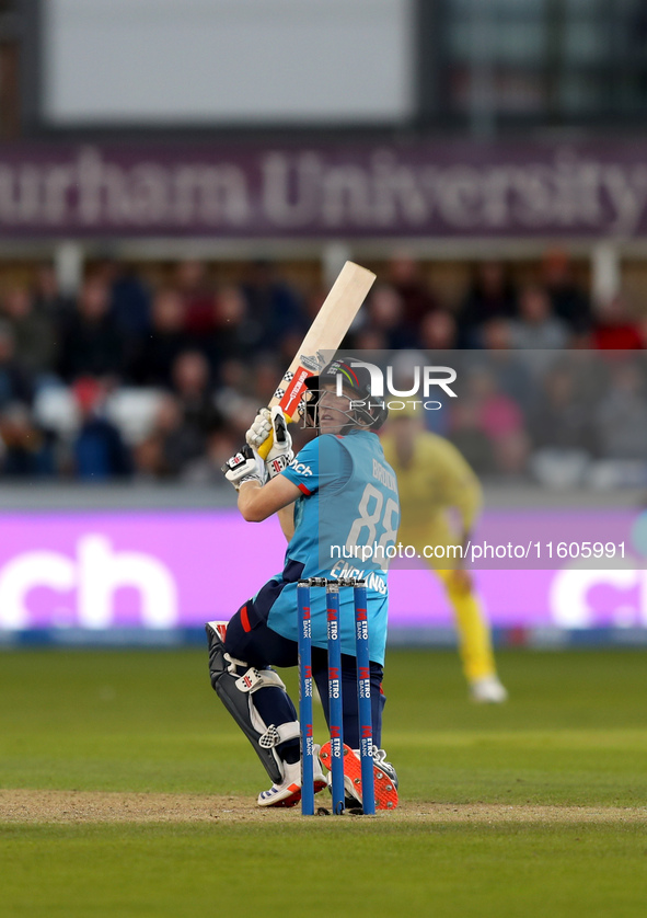 Harry Brook of England scores four with a scoop shot during the Metro Bank One Day Series match between England and Australia at the Seat Un...