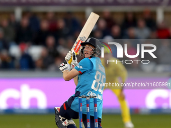 Harry Brook of England scores four with a scoop shot during the Metro Bank One Day Series match between England and Australia at the Seat Un...