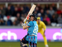 Harry Brook of England scores four with a scoop shot during the Metro Bank One Day Series match between England and Australia at the Seat Un...