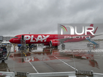 PLAY airline Airbus A321neo passenger aircraft spotted parked in front of the airport terminal building and the air bridge on the tarmac of...