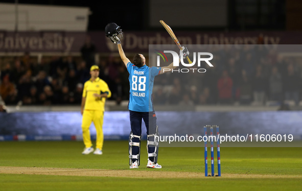 Harry Brook of England scores his maiden ODI hundred during the Metro Bank One Day Series match between England and Australia at the Seat Un...