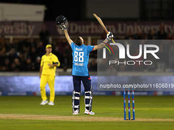 Harry Brook of England scores his maiden ODI hundred during the Metro Bank One Day Series match between England and Australia at the Seat Un...