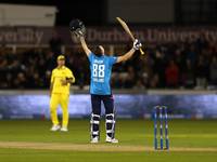 Harry Brook of England scores his maiden ODI hundred during the Metro Bank One Day Series match between England and Australia at the Seat Un...