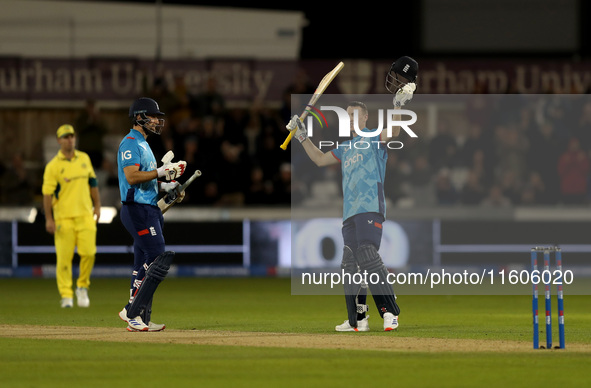 Harry Brook of England scores his maiden ODI hundred during the Metro Bank One Day Series match between England and Australia at the Seat Un...