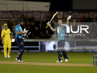 Harry Brook of England scores his maiden ODI hundred during the Metro Bank One Day Series match between England and Australia at the Seat Un...