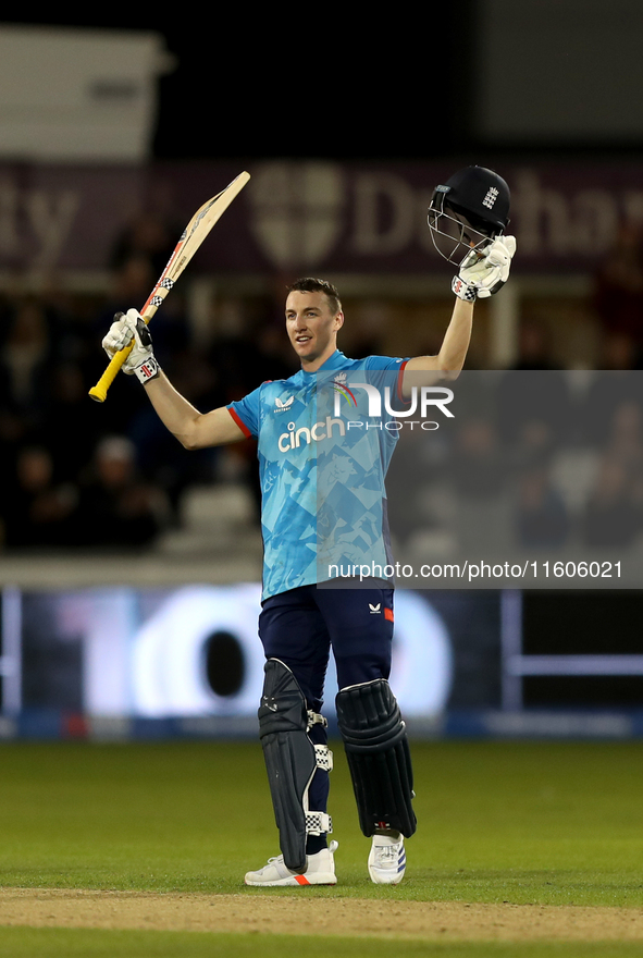 Harry Brook of England scores his maiden ODI hundred during the Metro Bank One Day Series match between England and Australia at the Seat Un...