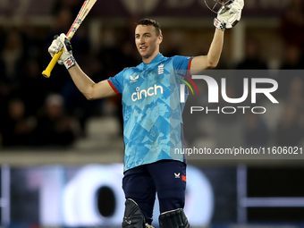 Harry Brook of England scores his maiden ODI hundred during the Metro Bank One Day Series match between England and Australia at the Seat Un...