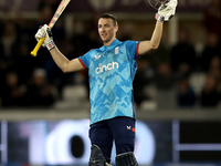 Harry Brook of England scores his maiden ODI hundred during the Metro Bank One Day Series match between England and Australia at the Seat Un...