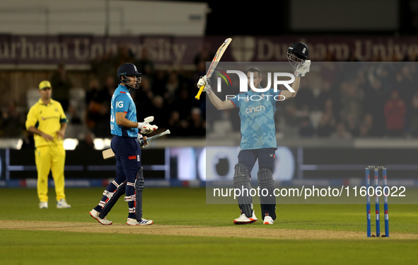 Harry Brook of England scores his maiden ODI hundred during the Metro Bank One Day Series match between England and Australia at the Seat Un...