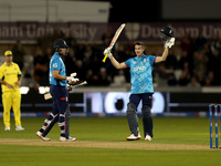 Harry Brook of England scores his maiden ODI hundred during the Metro Bank One Day Series match between England and Australia at the Seat Un...