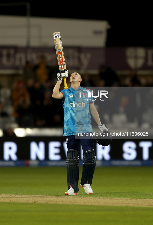 Harry Brook of England scores his maiden ODI hundred during the Metro Bank One Day Series match between England and Australia at the Seat Un...