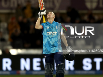 Harry Brook of England scores his maiden ODI hundred during the Metro Bank One Day Series match between England and Australia at the Seat Un...