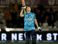 Harry Brook of England scores his maiden ODI hundred during the Metro Bank One Day Series match between England and Australia at the Seat Un...