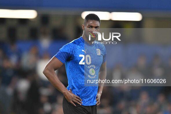 Emile Acquah (20 Barrow) warms up during the Carabao Cup Third Round match between Chelsea and Barrow at Stamford Bridge in London, England,...