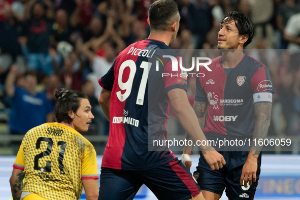 Gianluca Lapadula (#9 Cagliari Calcio) celebrates a goal during the Italy Cup Frecciarossa match between Cagliari Calcio and US Cremonese in...