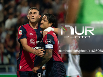 Gianluca Lapadula (#9 Cagliari Calcio) celebrates a goal during the Italy Cup Frecciarossa match between Cagliari Calcio and US Cremonese in...