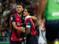 Gianluca Lapadula (#9 Cagliari Calcio) celebrates a goal during the Italy Cup Frecciarossa match between Cagliari Calcio and US Cremonese in...