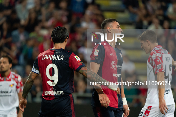 Gianluca Lapadula (#9 Cagliari Calcio) and Roberto Piccoli (#91 Cagliari Calcio) celebrate during the Italy Cup Frecciarossa match between C...