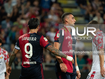 Gianluca Lapadula (#9 Cagliari Calcio) and Roberto Piccoli (#91 Cagliari Calcio) celebrate during the Italy Cup Frecciarossa match between C...