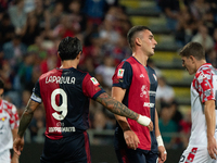 Gianluca Lapadula (#9 Cagliari Calcio) and Roberto Piccoli (#91 Cagliari Calcio) celebrate during the Italy Cup Frecciarossa match between C...