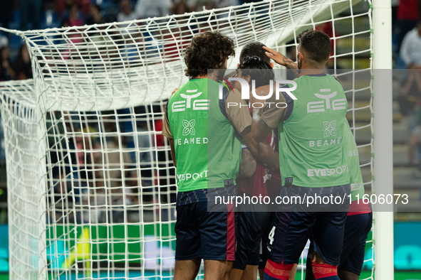 Gianluca Lapadula (#9 Cagliari Calcio) celebrates a goal during the Italy Cup Frecciarossa match between Cagliari Calcio and US Cremonese in...