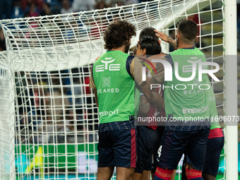 Gianluca Lapadula (#9 Cagliari Calcio) celebrates a goal during the Italy Cup Frecciarossa match between Cagliari Calcio and US Cremonese in...