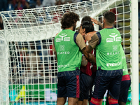 Gianluca Lapadula (#9 Cagliari Calcio) celebrates a goal during the Italy Cup Frecciarossa match between Cagliari Calcio and US Cremonese in...