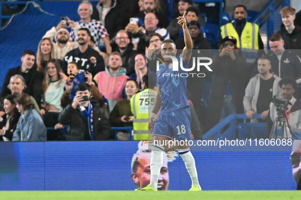 Christopher Nkunku (18 Chelsea) celebrates after scoring the team's first goal during the Carabao Cup Third Round match between Chelsea and...