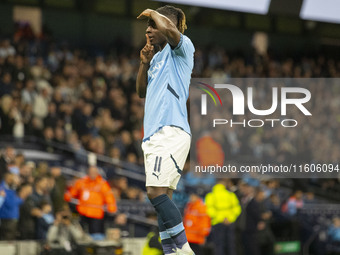 Jeremy Doku #11 of Manchester City F.C. celebrates his goal during the Carabao Cup Third Round match between Manchester City and Watford at...