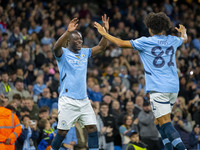 Jeremy Doku #11 of Manchester City F.C. celebrates his goal during the Carabao Cup Third Round match between Manchester City and Watford at...