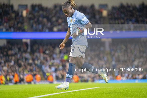 Jeremy Doku #11 of Manchester City F.C. celebrates his goal during the Carabao Cup Third Round match between Manchester City and Watford at...