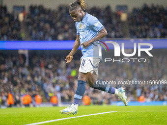 Jeremy Doku #11 of Manchester City F.C. celebrates his goal during the Carabao Cup Third Round match between Manchester City and Watford at...