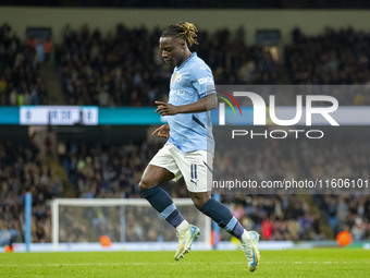 Jeremy Doku #11 of Manchester City F.C. celebrates his goal during the Carabao Cup Third Round match between Manchester City and Watford at...