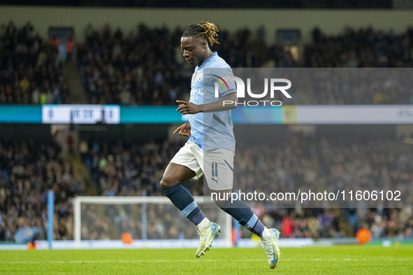 Jeremy Doku #11 of Manchester City F.C. celebrates his goal during the Carabao Cup Third Round match between Manchester City and Watford at...