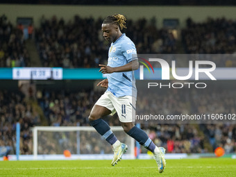 Jeremy Doku #11 of Manchester City F.C. celebrates his goal during the Carabao Cup Third Round match between Manchester City and Watford at...