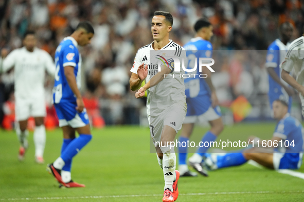 Lucas Vazquez right winger of Real Madrid and Spain celebrates after scoring his sides first goal during the La Liga match between Real Madr...