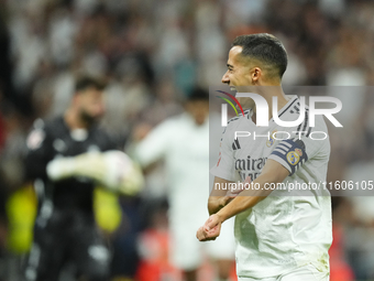 Lucas Vazquez right winger of Real Madrid and Spain celebrates after scoring his sides first goal during the La Liga match between Real Madr...