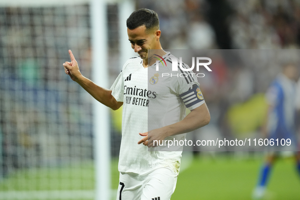 Lucas Vazquez right winger of Real Madrid and Spain celebrates after scoring his sides first goal during the La Liga match between Real Madr...