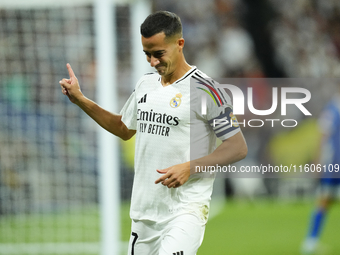 Lucas Vazquez right winger of Real Madrid and Spain celebrates after scoring his sides first goal during the La Liga match between Real Madr...