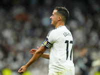 Lucas Vazquez right winger of Real Madrid and Spain celebrates after scoring his sides first goal during the La Liga match between Real Madr...