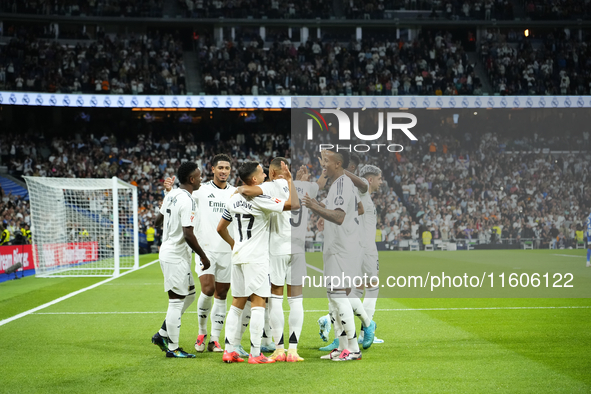 Lucas Vazquez right winger of Real Madrid and Spain celebrates after scoring his sides first goal during the La Liga match between Real Madr...