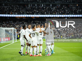 Lucas Vazquez right winger of Real Madrid and Spain celebrates after scoring his sides first goal during the La Liga match between Real Madr...