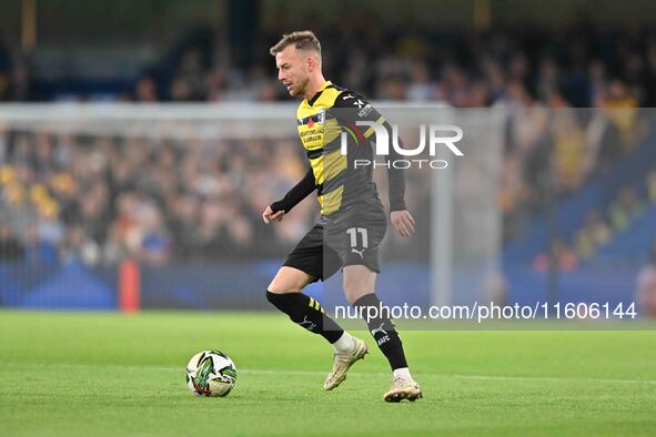 Elliot Newby (11 Barrow) controls the ball during the Carabao Cup Third Round match between Chelsea and Barrow at Stamford Bridge in London,...