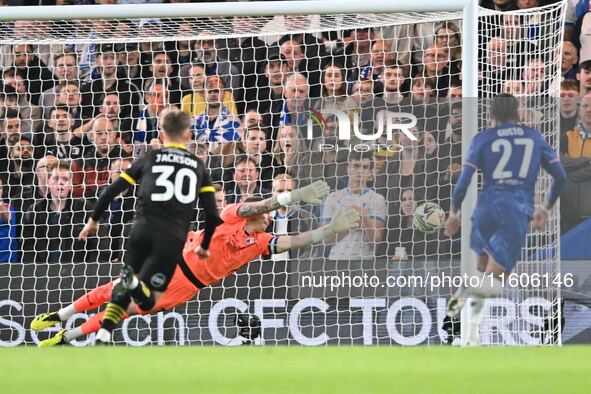 Goalkeeper Paul Farman (1 Barrow) is unable to stop Joao Felix (14 Chelsea) free kick during the Carabao Cup Third Round match between Chels...