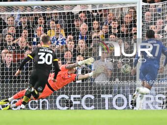 Goalkeeper Paul Farman (1 Barrow) is unable to stop Joao Felix (14 Chelsea) free kick during the Carabao Cup Third Round match between Chels...