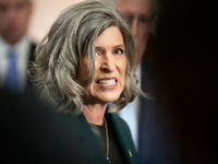 Senator Joni Ernst (R-IA) critcizes the Biden Administration's assistance for Ukraine during Senate Republicans' weekly press conference in,...